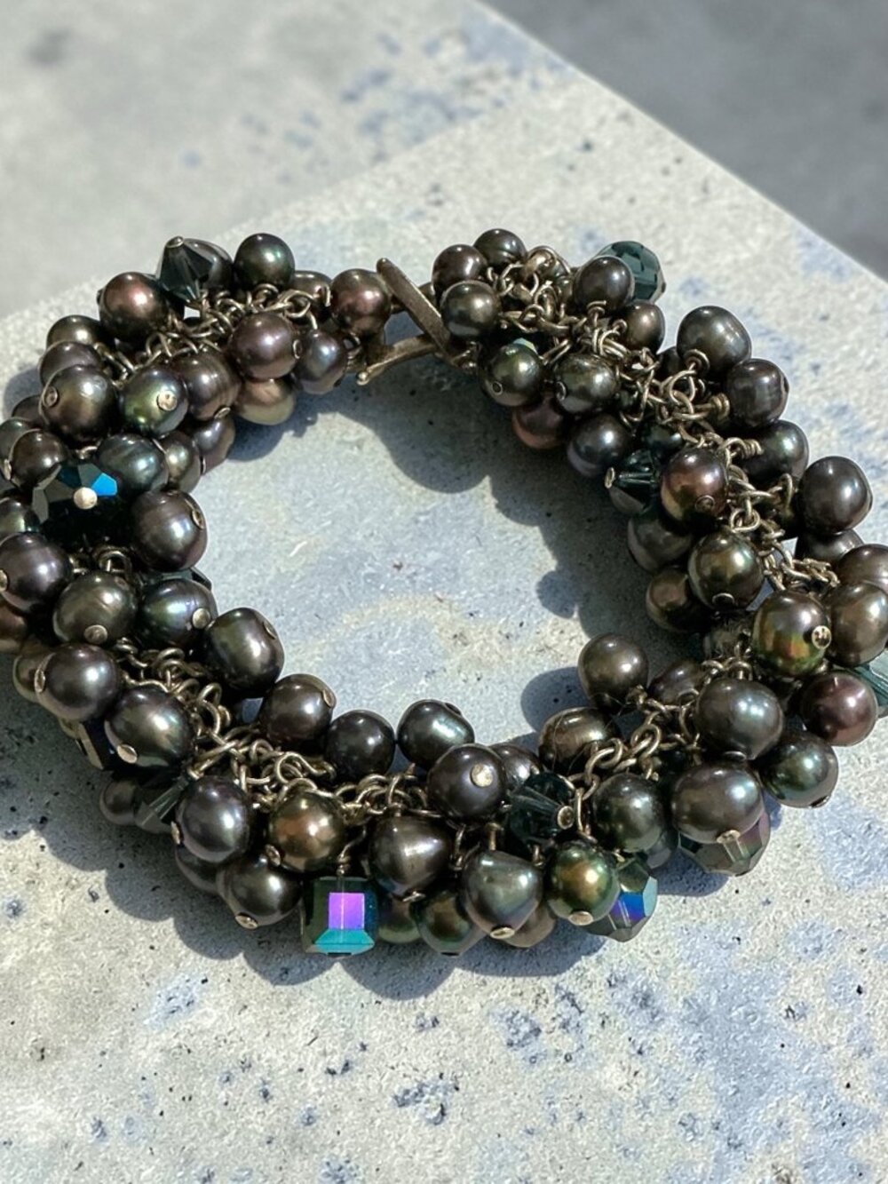 Freshwater Pearl Peacock Color Charm Bracelet With Sterling Clasp & Accent Beads
